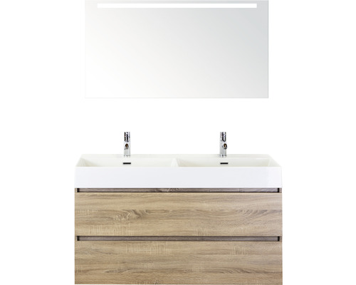 Doppelbadmöbel Sanox Maxx XL BxHxT 121 x 183 x 45,5 cm Frontfarbe eiche grau mit Waschtisch Keramik weiß und Keramik-Doppelwaschtisch Waschtischunterschrank Spiegel mit LED-Beleuchtung 81736516 Waschtischkombination mit Spiegel und zwei Waschbecken