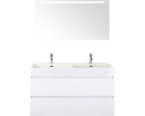 Doppelbadmöbel Sanox Maxx XL BxHxT 121 x 183 x 45,5 cm Frontfarbe weiß hochglanz mit Waschtisch Keramik weiß und Keramik-Doppelwaschtisch Waschtischunterschrank Spiegel mit LED-Beleuchtung 81736501 Waschtischunterschrank mit zwei Waschbecken und beleuchtetem Spiegel für das Badezimmer