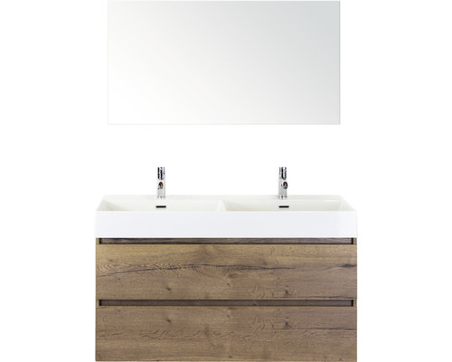 Badmöbel-Set Maxx XL 120 cm Doppelwaschtisch Keramik Model 2 mit Spiegel Tabacco Waschtisch mit zwei Waschbecken, Unterschrank mit zwei Schubladen und Spiegel
