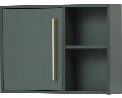 Wandschrank mit einer Tür, einem goldenen Griff und zwei offenen Regalen