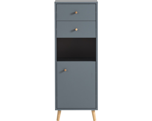 Schmaler Badezimmerschrank mit zwei Schubladen, einem offenen Fach und einer Tür