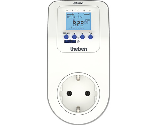 Theben Digitale Zeitschaltuhr eltimo 020 Astro top3 mit Wochen und Astroprogramm Automatische Sommerzeitfunktion auf Dauerbetrieb umschaltbar Theben Zeitschaltuhr mit Digitalanzeige und Steckdose