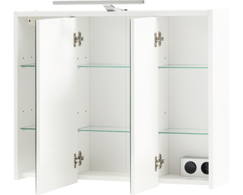Offener dreitüriger Spiegelschrank mit Glasböden