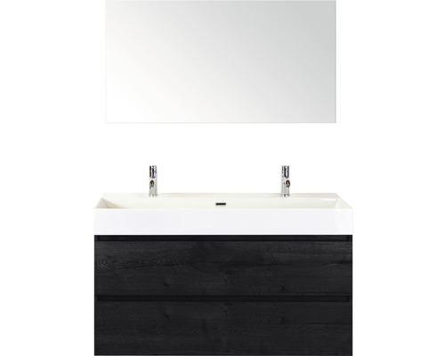 Waschtisch mit zwei Becken, Spiegel und Unterschrank mit Schubladen