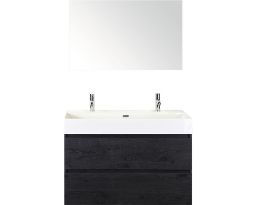 Waschtisch mit zwei Schubladen, Aufsatzwaschbecken und Spiegel