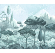 Illustration einer Waldlandschaft mit Bäumen und Hügeln