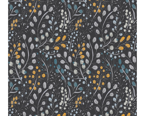 Vliestapete 38847-4 Attractive 2 Blumenranke schwarz-gelb Muster mit Blättern und Blumen auf dunklem Hintergrund