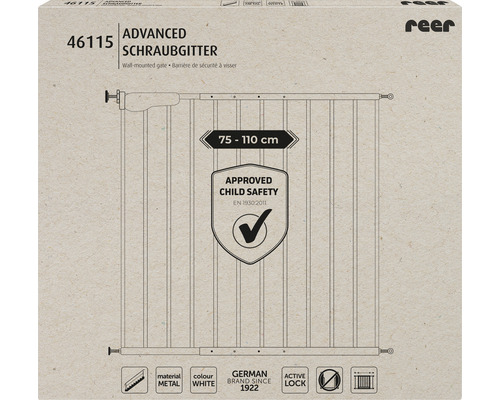 Verpackung des Reer Advanced Schraubgitter aus Metall mit einer Breite von 75 bis 110 Zentimetern mit Kindersicherheitszeichen