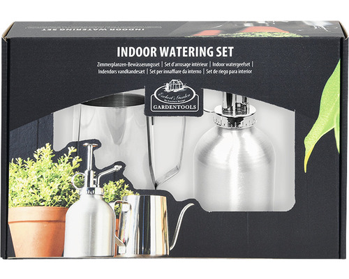 Indoor-Bewässerungsset Gießkanne Pflanzsprüher Esschert’s Garden Aluminium silber Zimmerpflanzen Bewässerungsset in Produktverpackung