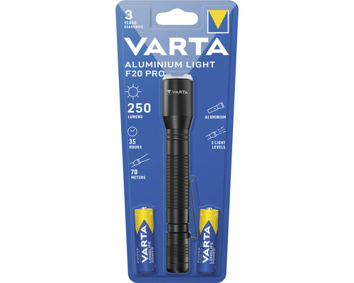 Varta Aluminium Light F20 Pro Taschenlampe 250 lm Reichweite 70m Leuchtdauer 35h inkl. Batterien LxØ 164x26 mm
