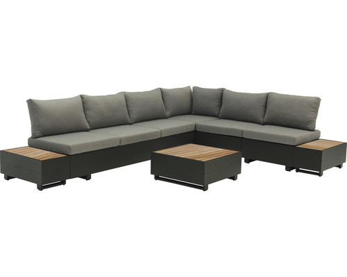Gartenmöbelset Loungeset SenS-Line garden furniture 5 -Sitzer bestehend aus: Dreisitzer-Sofa, 2 Mittelteilmodule, Eckmodul, Tisch, 2 Beistelltische Aluminium Kunststoff Textil braun schwarz Graue Eckloungegruppe mit Couchtisch für den Außenbereich