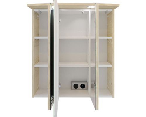 Offener Spiegelschrank aus Holz mit Glasablagen