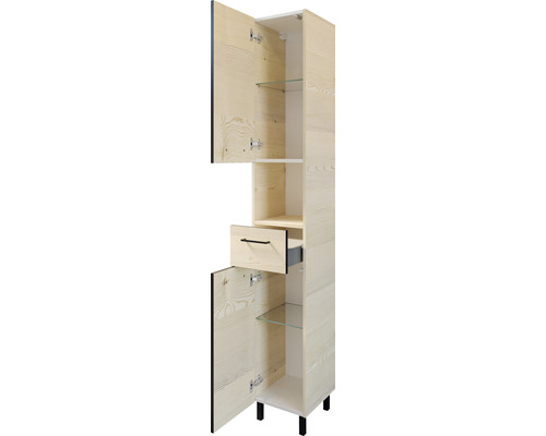 Hochschrank aus Holz mit Schublade und Glasböden