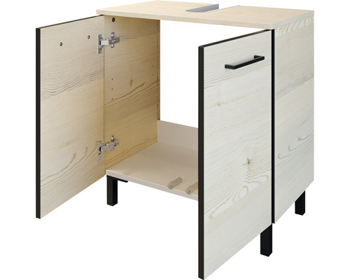 Waschbeckenunterschrank mit zwei offenen Türen und Ablage