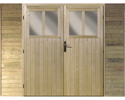 Doppeltür aus Holz mit Glaseinsätzen