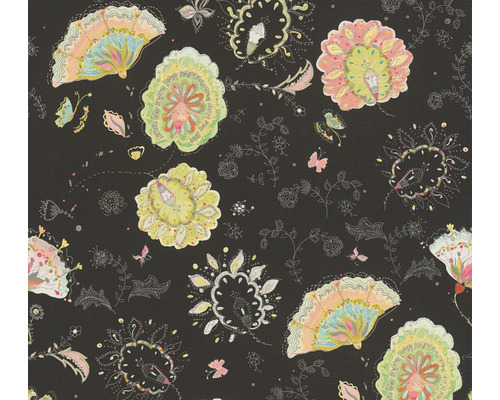 Vliestapete 38899-2 House of Turnowsky verspielte Blumen schwarz Tapete mit floralem Muster und Fächermotiven