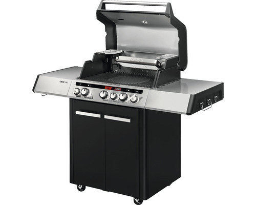 Gasgrill mit offenem Deckel, Seitentischen und Unterschrank