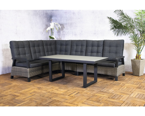 Gartenmöbelset Loungeset SenS-Line garden furniture 5 -Sitzer bestehend aus: 2 Bankmodule, 1 Eckmodul, Einzelmodul, Tisch Aluminium Glas Textil Polyrattan anthrazit braun schwarz