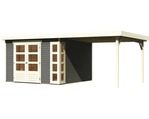 Holzgartenhaus mit Doppeltür und seitlichem Carport