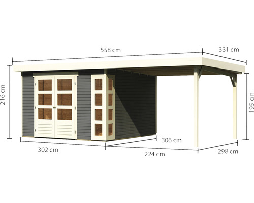 Abbildung eines Gartenhauses mit Carport und Maßangaben