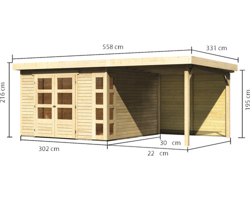 Holzgartenhaus mit Flachdach und Maßangaben