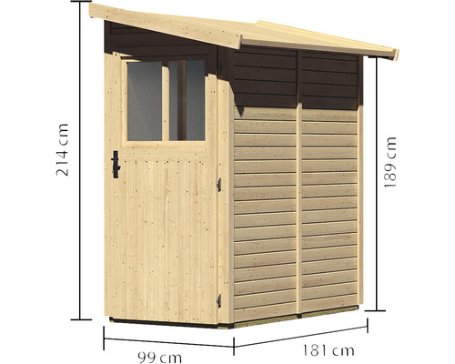 Holzgartenhaus mit Tür, Fenster und Maßangaben