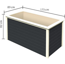 Abbildung eines Blumenkastens mit den Maßen 89 Zentimeter mal 173 Zentimeter mal 82 Zentimeter.
