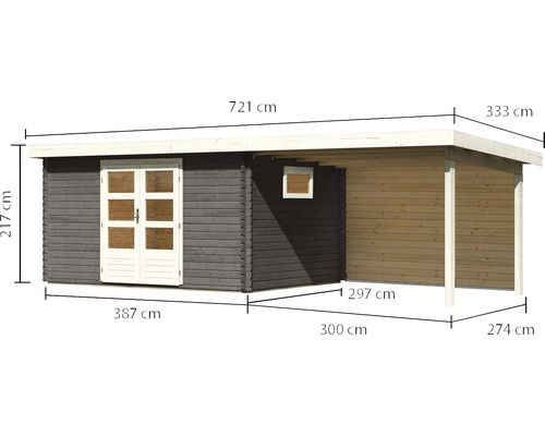 Abmessungen des Gartenhauses mit Vordach