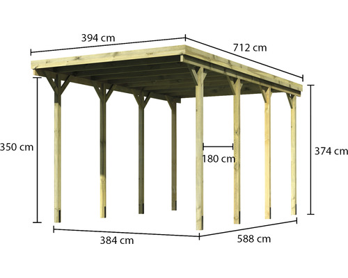 Illustration eines Carports aus Holz mit Maßangaben