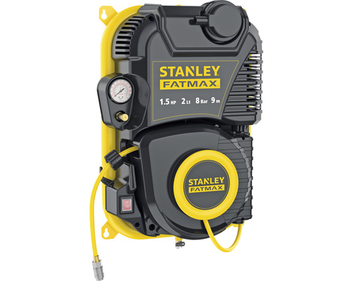 Stanley Fatmax Kompressor mit 1.5 PS Leistung, 2 Liter Tankvolumen, 8 Bar Druck und 9 Meter Schlauchlänge.