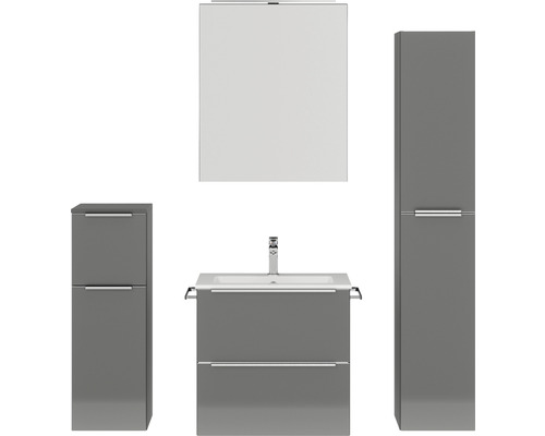 Badmöbel-Set NOBILIA Programm 1 37 BxHxT 140 x 169,1 x 48,7 cm Frontfarbe grau hochglanz mit Möbel-Waschtisch und Spiegelschrank 1-türig mit LED-Beleuchtung Unterschrank Midischrank Griffleiste chrom matt 037