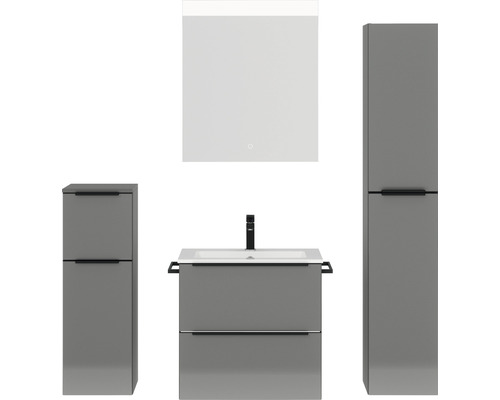 Badmöbel-Set NOBILIA Programm 1 BxHxT 140 x 169,1 x 48,7 cm Frontfarbe grau hochglanz mit Möbel-Waschtisch weiß und Spiegel mit LED-Beleuchtung Midischrank Unterschrank Griffleiste schwarz 030