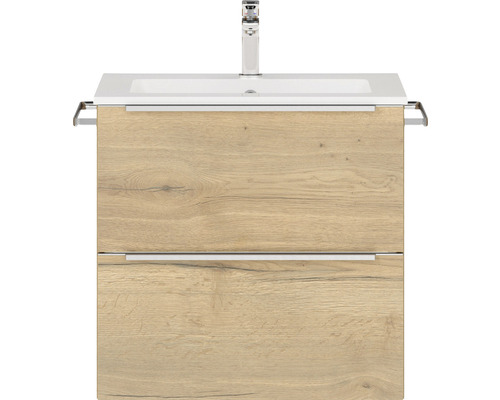 Badmöbel-Set NOBILIA Programm 1 BxHxT 61 x 59,1 x 48,7 cm Frontfarbe eiche natur mit Möbel-Waschtisch weiß Griffleiste chrom matt 007 Waschtisch mit Holzstruktur, Waschbecken und Armatur
