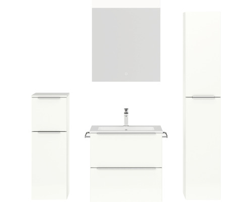 Badmöbel-Set NOBILIA Programm 1 BxHxT 140 x 169,1 x 48,7 cm Frontfarbe weiß hochglanz mit Möbel-Waschtisch weiß und Spiegel mit LED-Beleuchtung Midischrank Unterschrank Griffleiste chrom matt 027