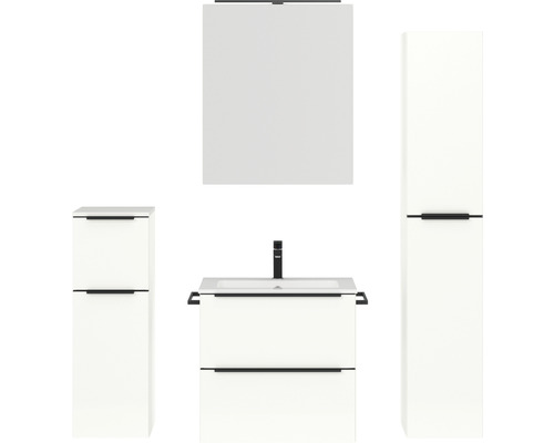 Badmöbel-Set NOBILIA Programm 1 36 BxHxT 140 x 169,1 x 48,7 cm Frontfarbe weiß hochglanz mit Möbel-Waschtisch und Spiegelschrank 1-türig mit LED-Beleuchtung Unterschrank Midischrank Griffleiste schwarz 036 Badezimmer Möbelset mit Waschtisch, Spiegelschrank und Hochschrank