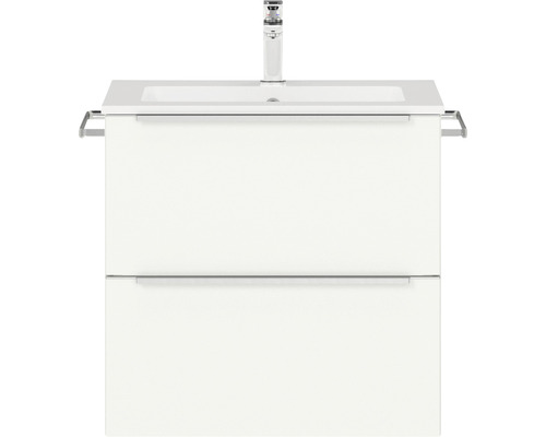 Badmöbel-Set NOBILIA Programm 1 BxHxT 61 x 59,1 x 48,7 cm Frontfarbe weiß matt mit Möbel-Waschtisch Griffleiste chrom matt 001 Waschtischunterschrank mit zwei Schubladen, Waschbecken und Armatur