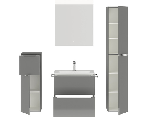 Graue Badezimmereinrichtung mit Waschbeckenunterschrank, Spiegelschrank und Hochschrank