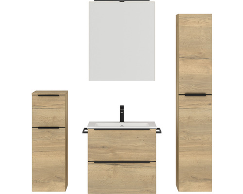 Badmöbel-Set NOBILIA Programm 1 40 BxHxT 140 x 169,1 x 48,7 cm Frontfarbe eiche natur mit Möbel-Waschtisch und Spiegelschrank 1-türig mit LED-Beleuchtung Unterschrank Midischrank Griffleiste schwarz 040 Badezimmer-Set mit Waschtisch, Spiegelschrank und zwei Hochschränken