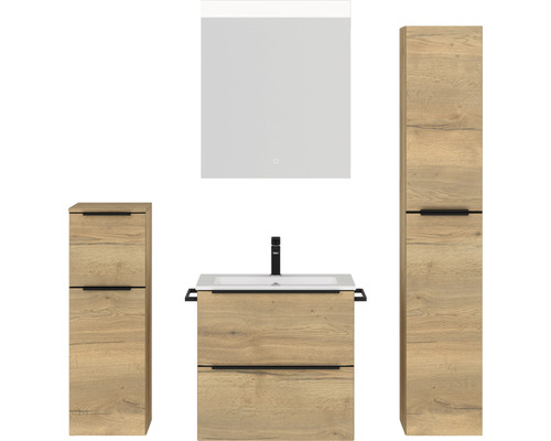 Badmöbel-Set NOBILIA Programm 1 BxHxT 140 x 169,1 x 48,7 cm Frontfarbe eiche natur mit Möbel-Waschtisch weiß und Spiegel mit LED-Beleuchtung Midischrank Unterschrank Griffleiste schwarz 032 Badezimmerensemble mit Waschtisch, Spiegel und Schränken