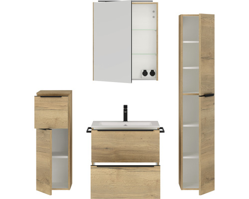 Badezimmer-Set mit Waschtischunterschrank, Spiegelschrank und Hochschrank