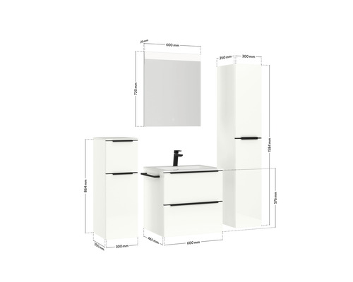 Abbildung eines Badezimmersets mit Waschtischunterschrank, Spiegelschrank und Hochschrank mit Maßangaben