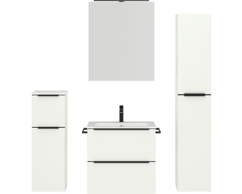 Badmöbel-Set NOBILIA Programm 1 34 BxHxT 140 x 169,1 x 48,7 cm Frontfarbe weiß matt mit Möbel-Waschtisch und Spiegelschrank 1-türig mit LED-Beleuchtung Unterschrank Midischrank Griffleiste schwarz 034 Badezimmer-Set mit Waschtisch, Spiegelschrank und Hochschrank