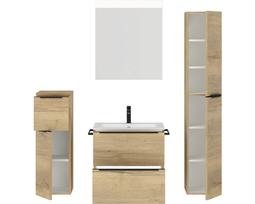 Badezimmerset mit Waschtisch, Spiegelschrank und Hochschrank im Holzdekor