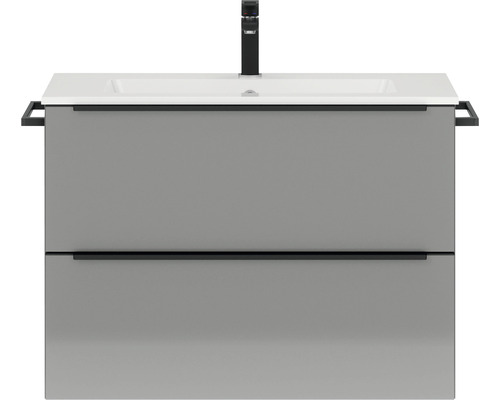 Badmöbel-Set NOBILIA Programm 1 46 BxHxT 81 x 59,1 x 48,7 cm Frontfarbe grau hochglanz mit Möbel-Waschtisch Griffleiste schwarz 046