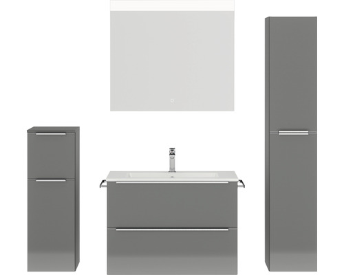Badmöbel-Set NOBILIA Programm 1 BxHxT 160 x 169,1 x 48,7 cm Frontfarbe grau hochglanz mit Möbel-Waschtisch weiß und Spiegel mit LED-Beleuchtung Midischrank Unterschrank Griffleiste chrom matt 068 Graue Badezimmermöbel bestehend aus Waschtischunterschrank, Waschbecken, Spiegelschrank und Hochschrank