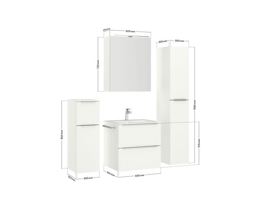 Abbildung eines Badezimmermöbel-Sets mit Waschtischunterschrank, Spiegelschrank und Hochschrank mit Maßangaben.