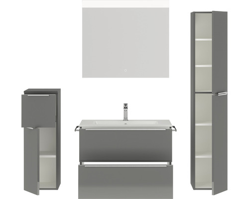Graues Badezimmerset mit Waschtisch, Spiegelschrank und Hochschrank