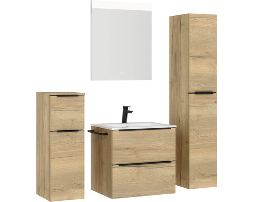 Badezimmerset mit Waschtischunterschrank, Waschbecken, Spiegelschrank und Hochschrank