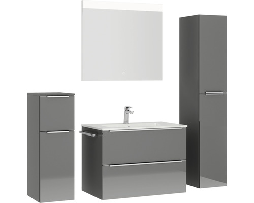 Graues Badezimmer-Set mit Waschtisch, Spiegelschrank und Hochschrank