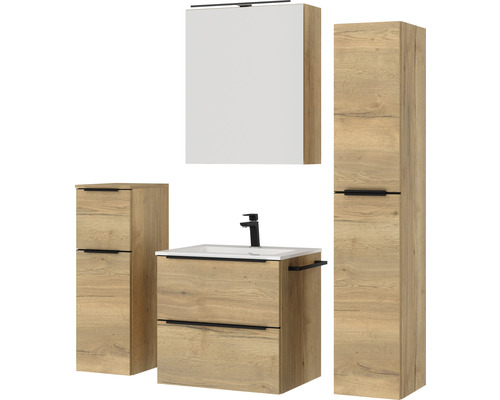 Badezimmermöbelset mit Waschtisch, Waschbecken, Spiegelschrank und Hochschrank